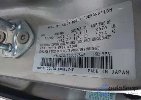 2003 Mazda Mpv Es/Lx/Lx-Sv z USA, uszkodzony, nr VIN JM3LW28JX30357542